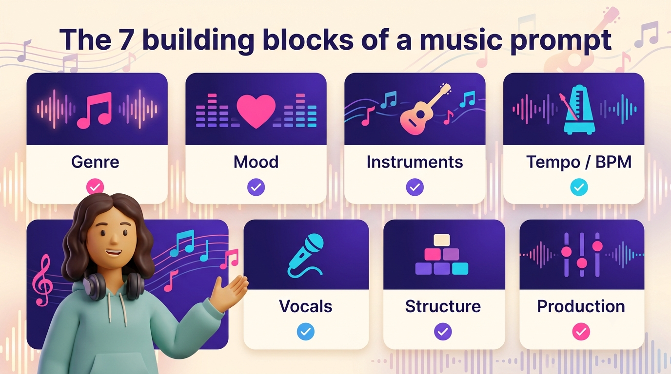 Checklist of the seven building blocks of an AI music prompt