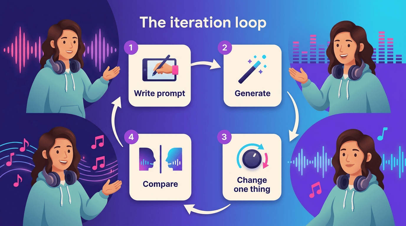 Iteration loop diagram: write, generate, change one thing, compare