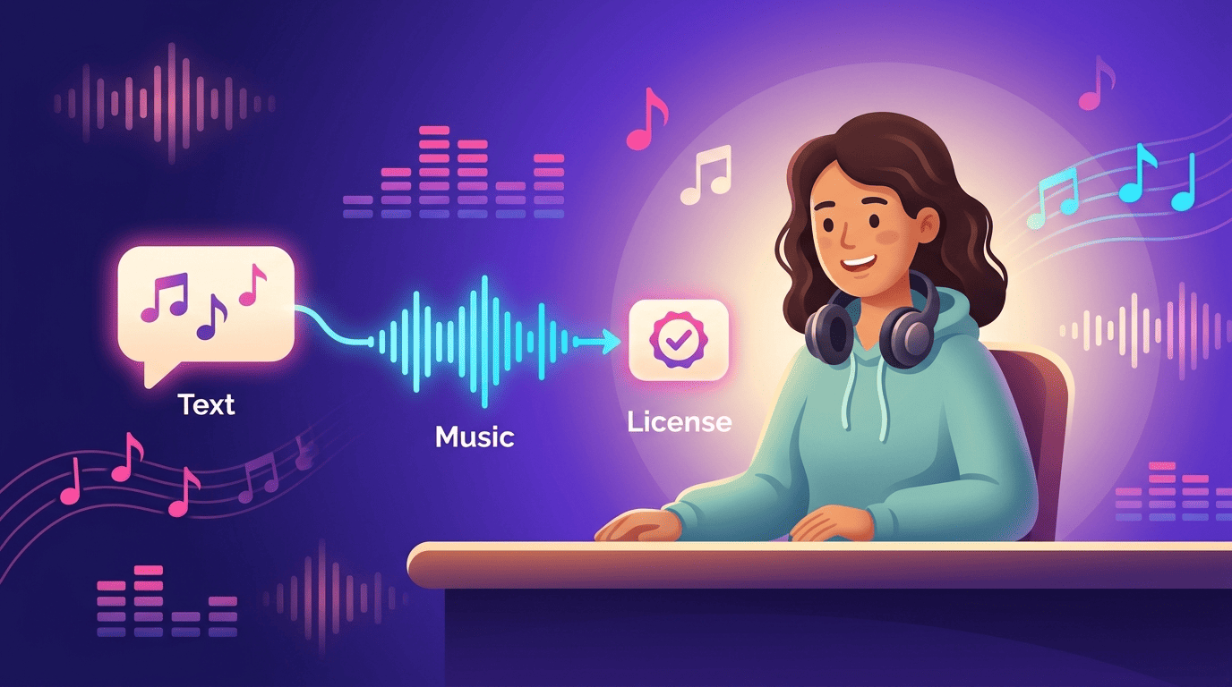 Text prompt turning into a music waveform that carries a license badge