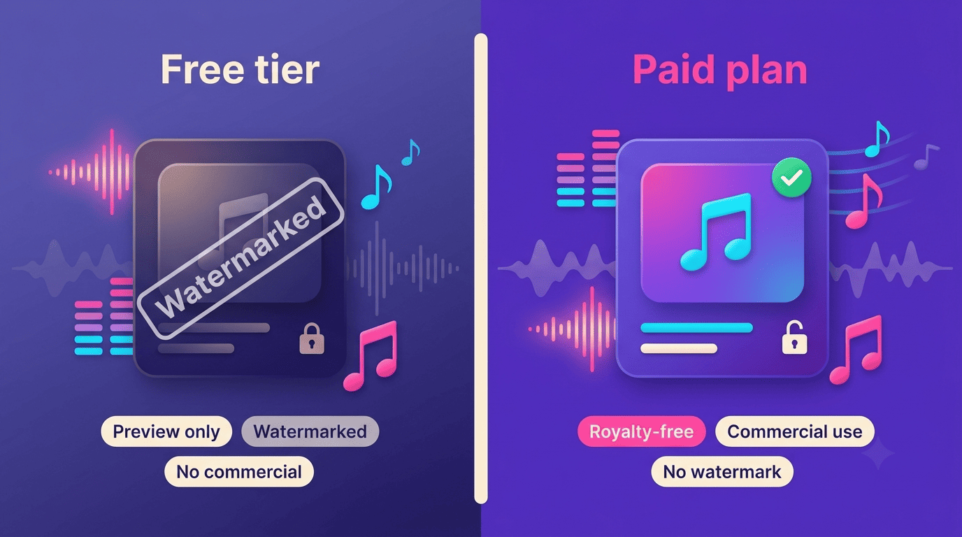 Split comparison of a watermarked free tier versus a royalty-free paid plan