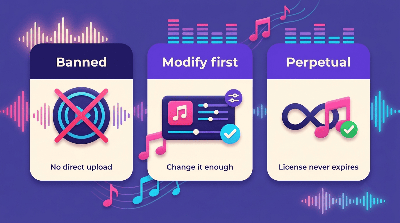 Three cards showing streaming rules: banned, modify first, and perpetual license