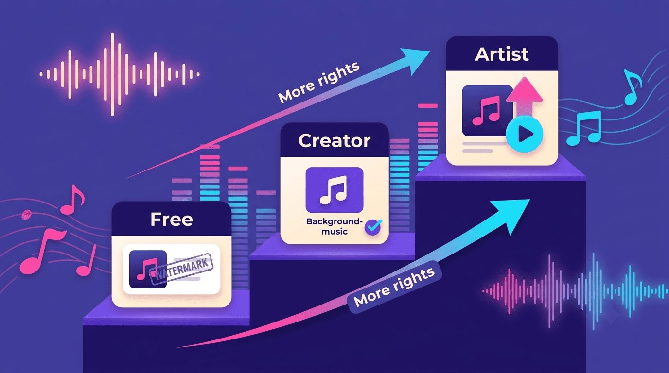 Rising three-step ladder from Free to Creator to Artist tiers unlocking more rights