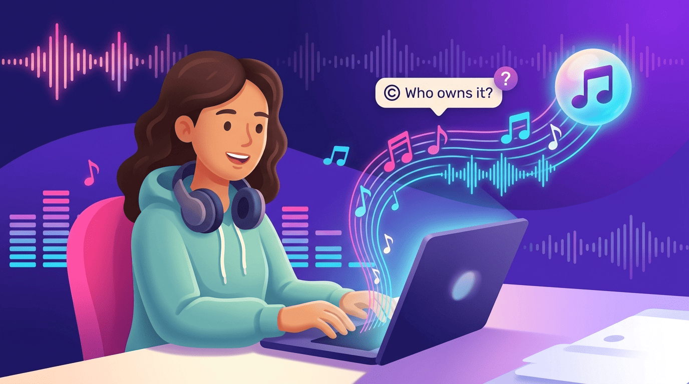 A creator types a text prompt and it turns into a finished song, with a tag asking who owns the AI-generated music