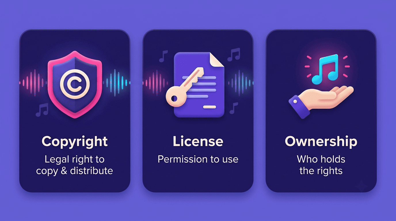 Comparison of copyright, license and ownership as three different legal ideas for AI music