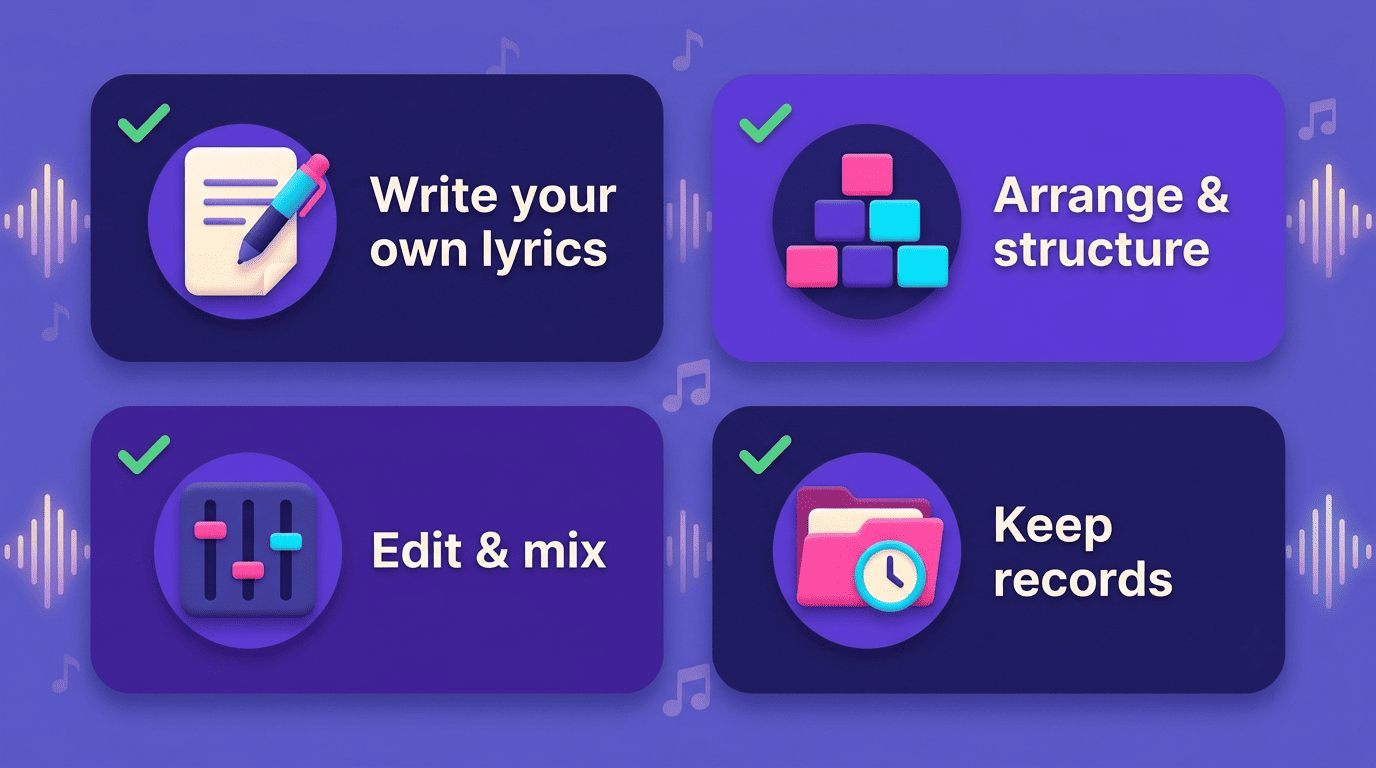 Checklist of four ways to strengthen a copyright claim on AI-assisted music: lyrics, arrangement, editing, records