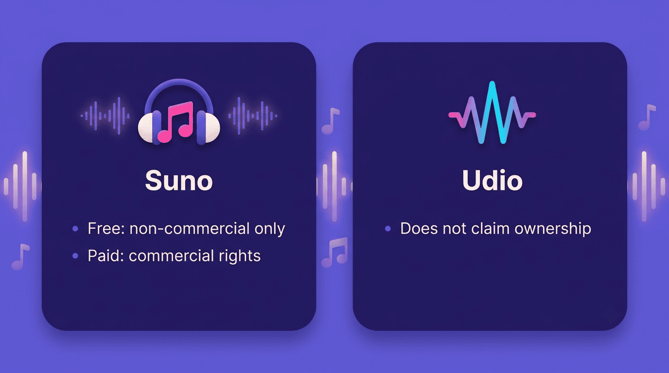 Comparison of Suno and Udio terms for who owns AI-generated music output